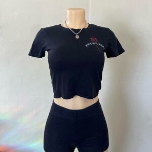 Fifth Sun Black Crop Top with Red Rose Design